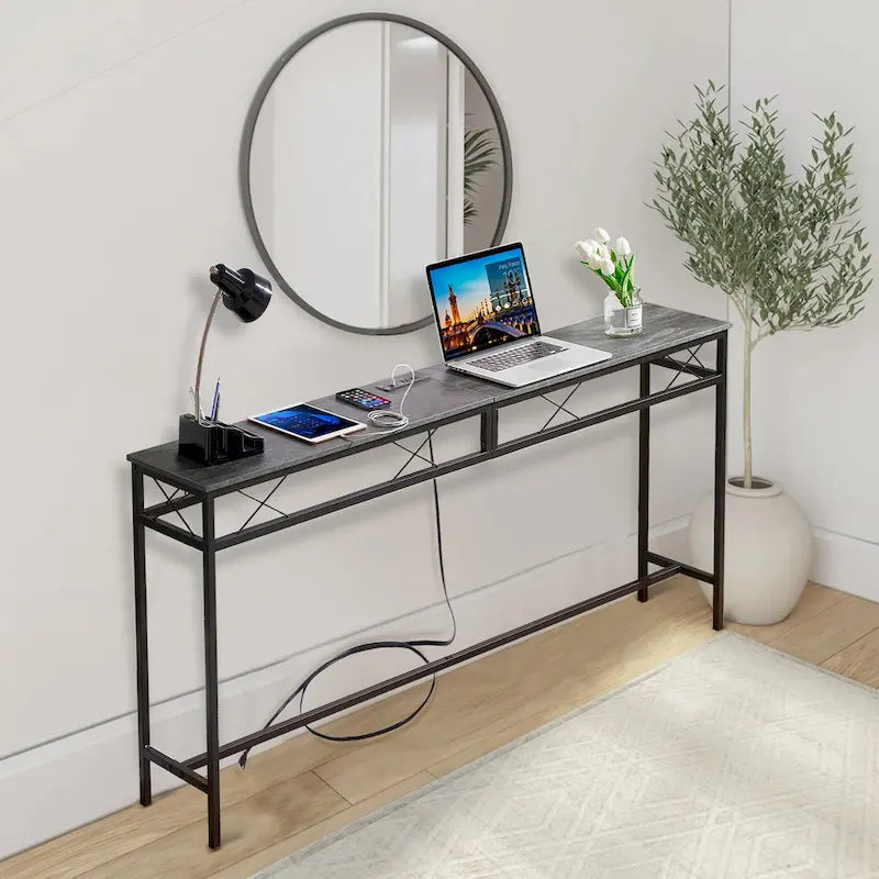 Console rectangulaire en bois de style industriel avec prises d’alimentation secteur et ports de recharge USB