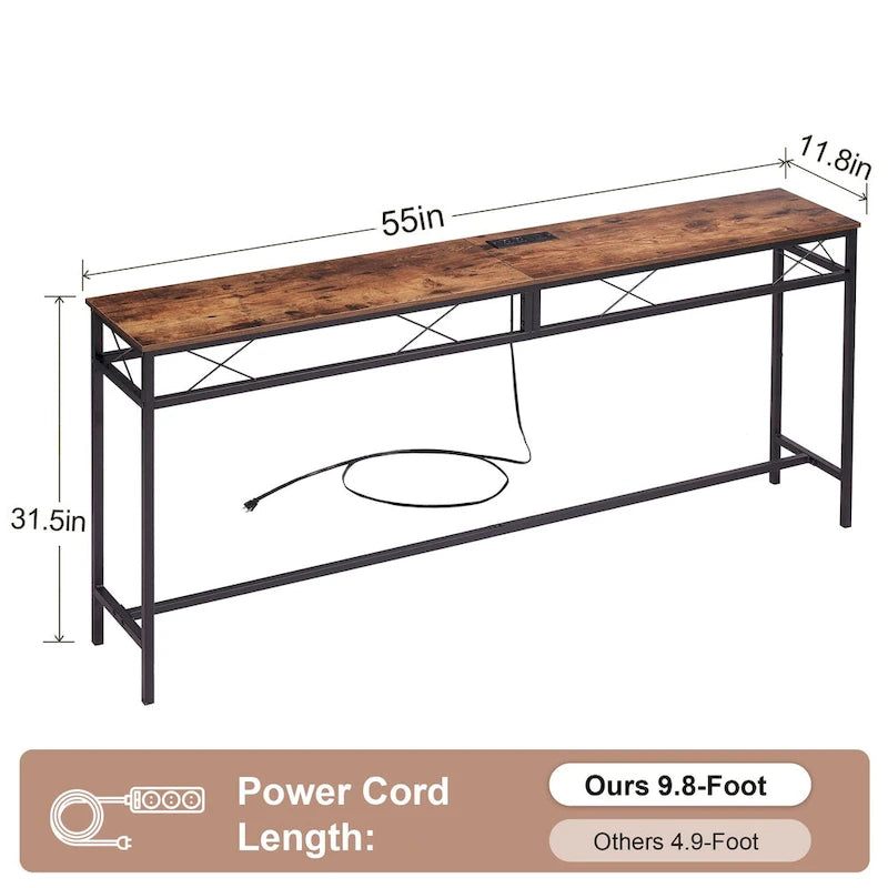 Console rectangulaire en bois de style industriel avec prises d’alimentation secteur et ports de recharge USB
