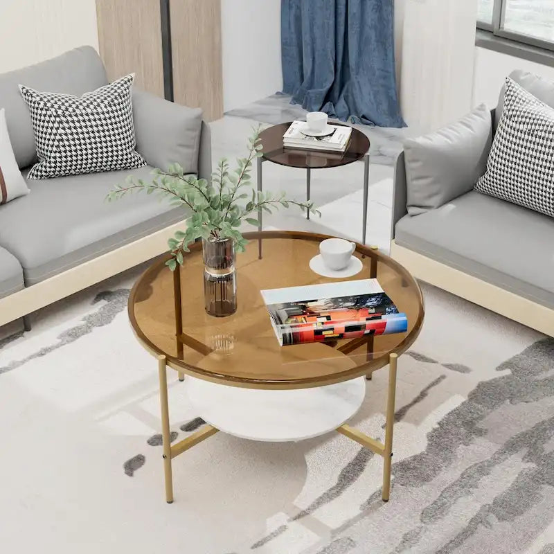 Runder Couchtisch mit Stauraum und 2 Ebenen, Tischplatte aus gehärtetem Glas und Akzent aus Sinterstein