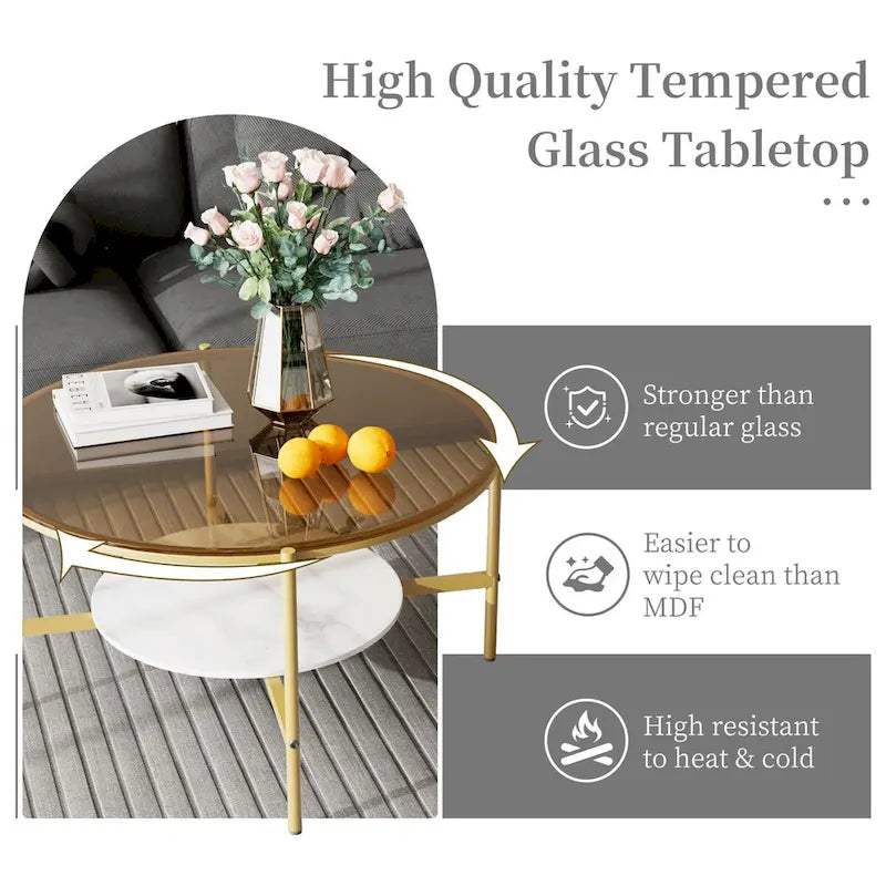 2-Tier Round Coffee Storage Table with Tempered Glass Top and Sintered Stone Accent Table