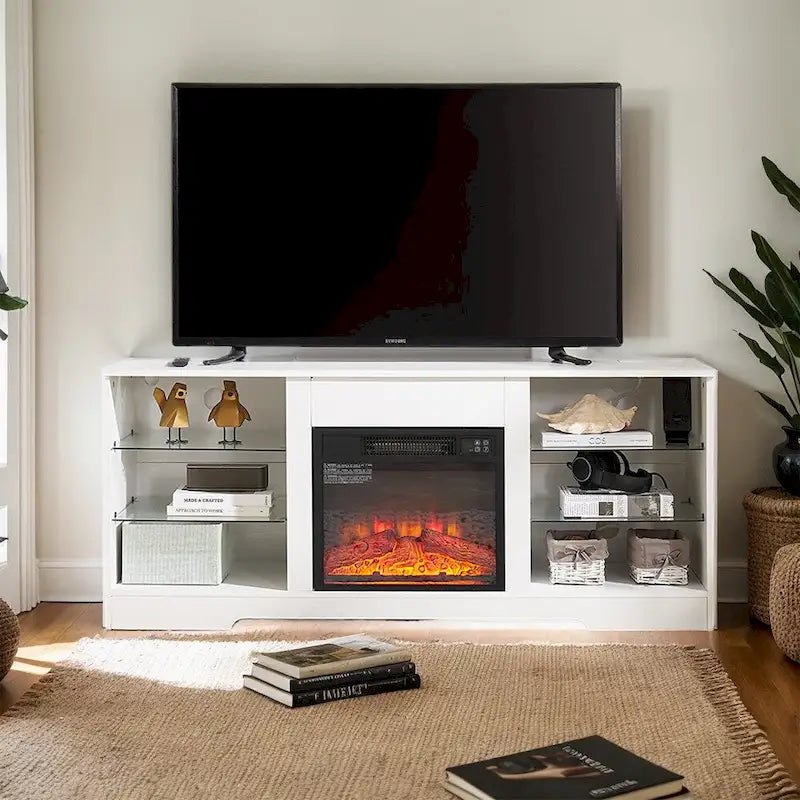 Meuble TV avec cheminée 58W, cheminée 18, éclairage LED, prise USB - 58W*15.5D*24.4H