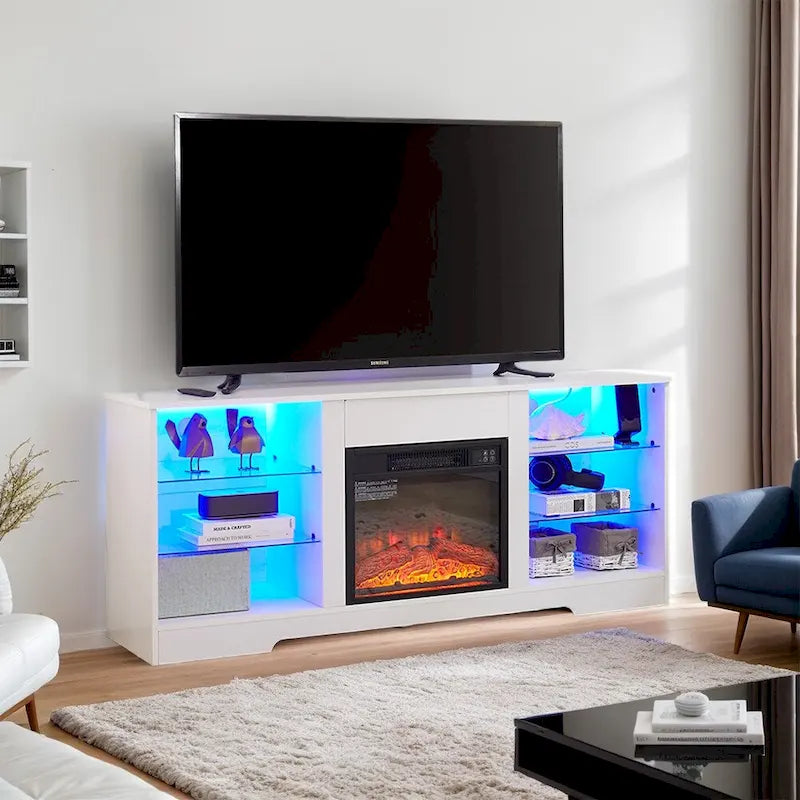 58W TV-Ständer mit Kamin, 18-Zoll-Kamin, LED-Beleuchtung und USB-Anschluss - 58W*15.5D*24.4H