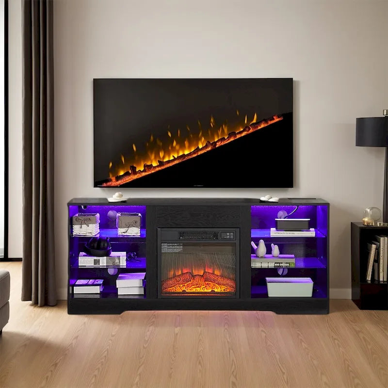 58W TV-Ständer mit Kamin, 18-Zoll-Kamin, LED-Beleuchtung und USB-Anschluss - 58W*15.5D*24.4H