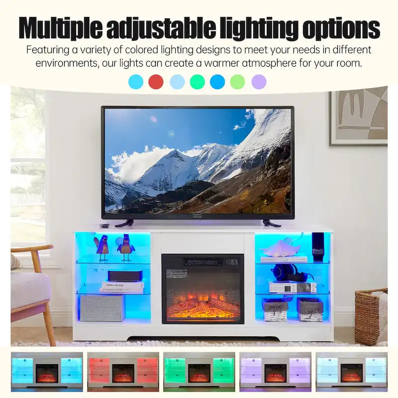 58W TV-Ständer mit Kamin, 18-Zoll-Kamin, LED-Beleuchtung und USB-Anschluss - 58W*15.5D*24.4H