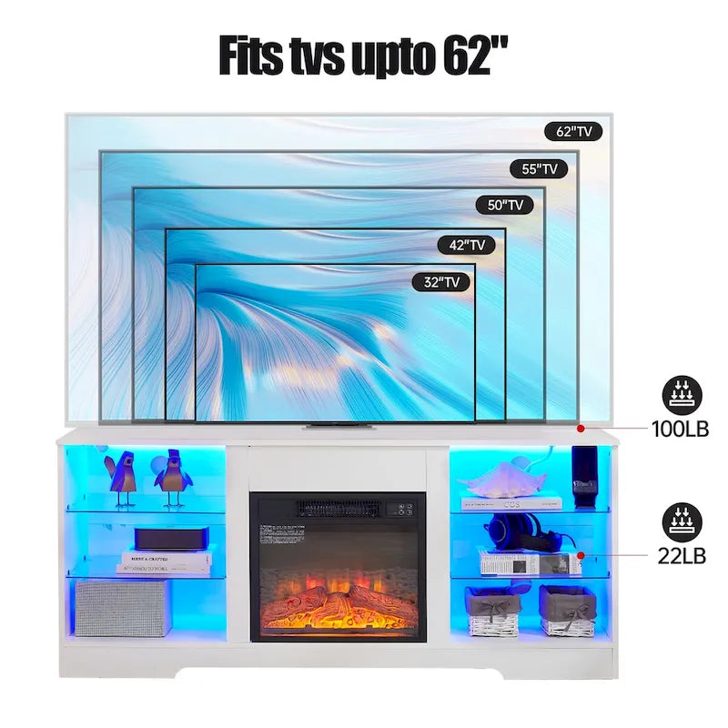 Meuble TV avec cheminée 58W, cheminée 18, éclairage LED, prise USB - 58W*15.5D*24.4H