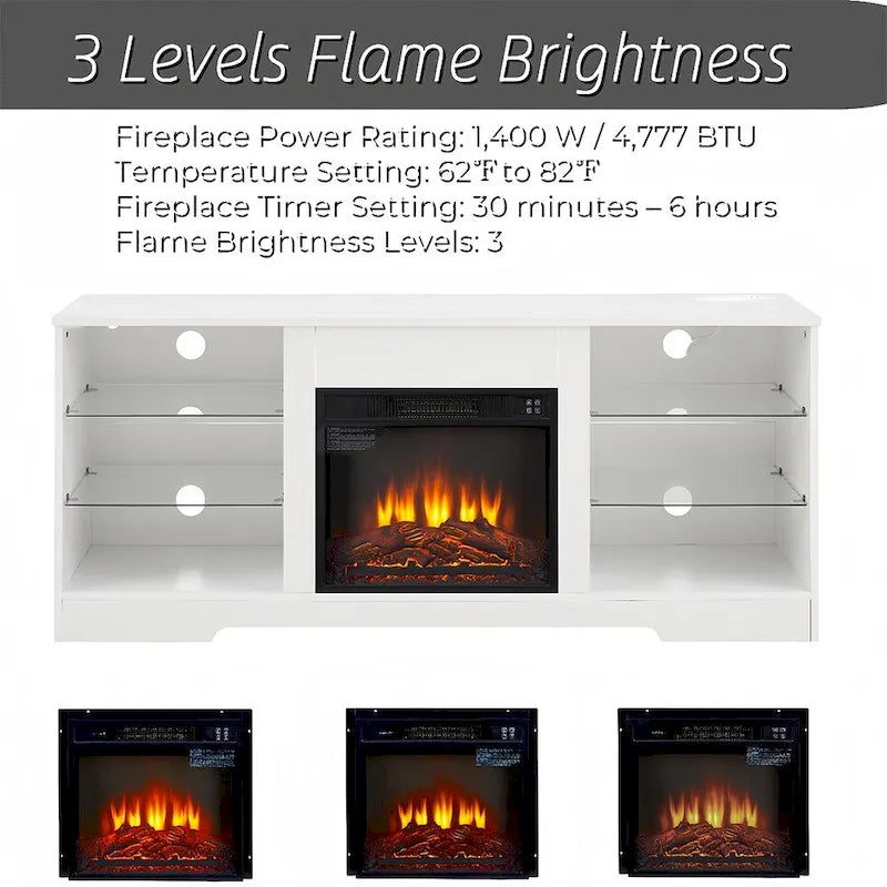 Meuble TV avec cheminée 58W, cheminée 18, éclairage LED, prise USB - 58W*15.5D*24.4H
