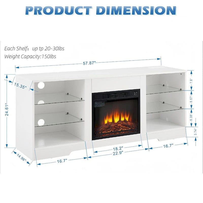 Meuble TV avec cheminée 58W, cheminée 18, éclairage LED, prise USB - 58W*15.5D*24.4H