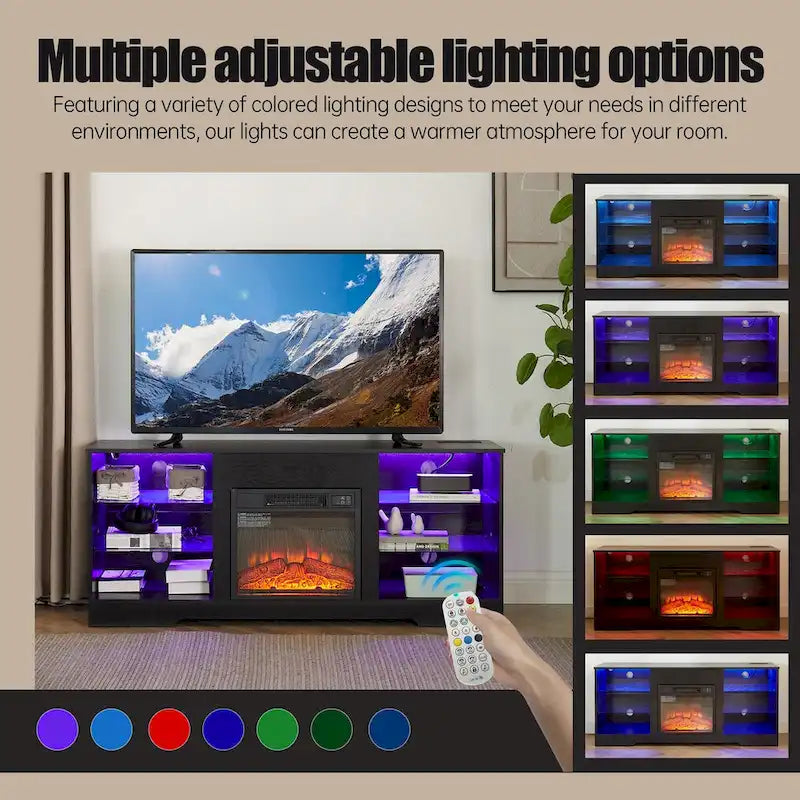 Meuble TV avec cheminée 58W, cheminée 18, éclairage LED, prise USB - 58W*15.5D*24.4H