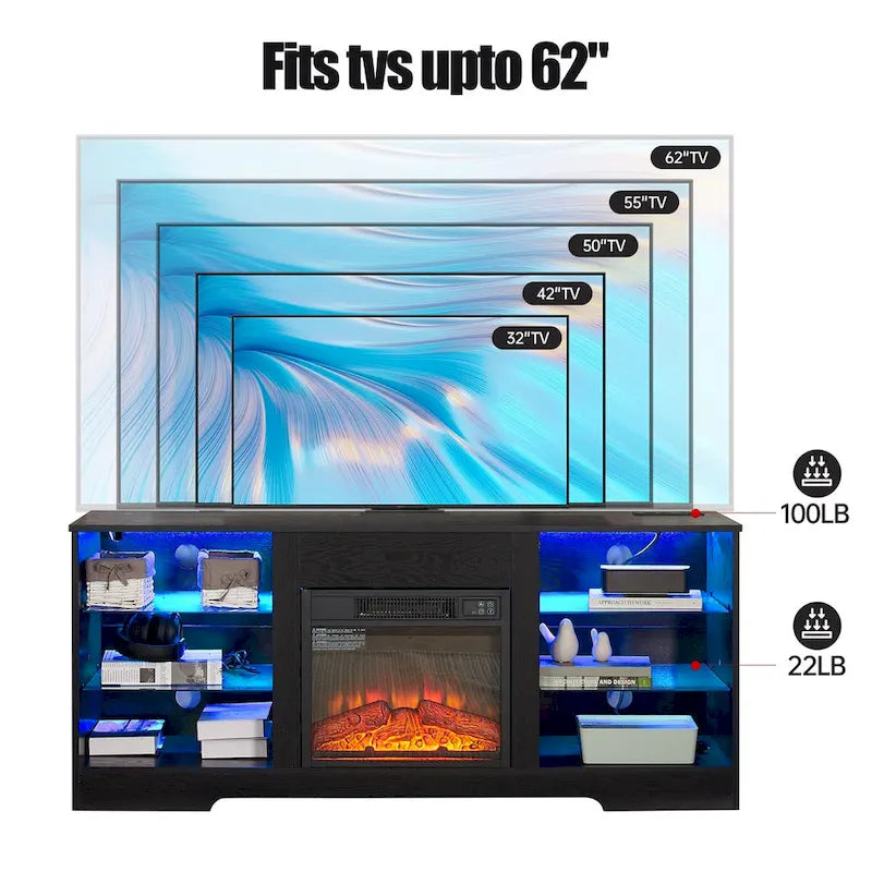 Meuble TV avec cheminée 58W, cheminée 18, éclairage LED, prise USB - 58W*15.5D*24.4H