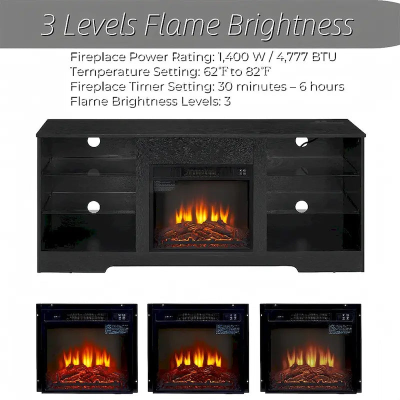 Meuble TV avec cheminée 58W, cheminée 18, éclairage LED, prise USB - 58W*15.5D*24.4H