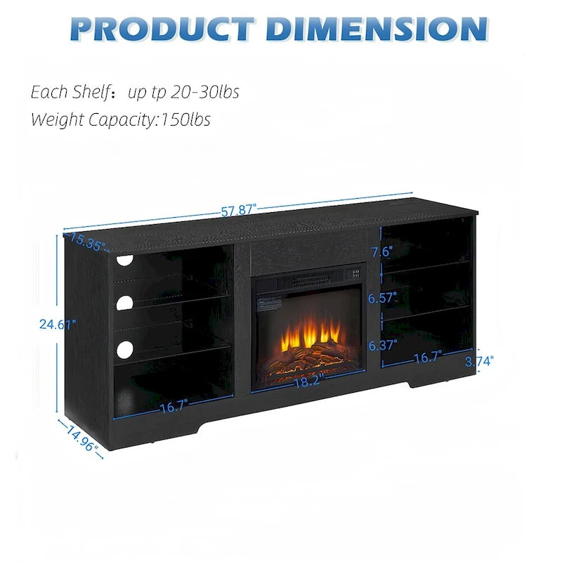 Meuble TV avec cheminée 58W, cheminée 18, éclairage LED, prise USB - 58W*15.5D*24.4H