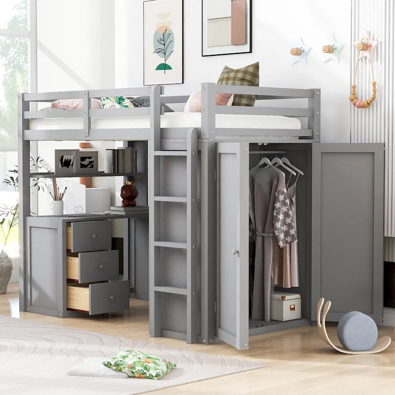 Multifunktionales Kiefernholz-Hochbett mit Schreibtisch, Kleiderschrank, Schubladen und Regalen