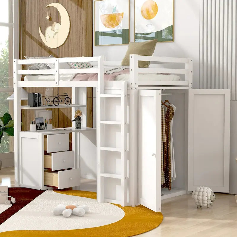 Multifunktionales Kiefernholz-Hochbett mit Schreibtisch, Kleiderschrank, Schubladen und Regalen