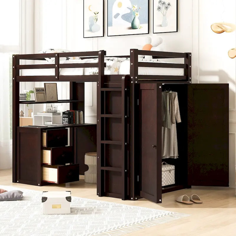 Multifunktionales Kiefernholz-Hochbett mit Schreibtisch, Kleiderschrank, Schubladen und Regalen