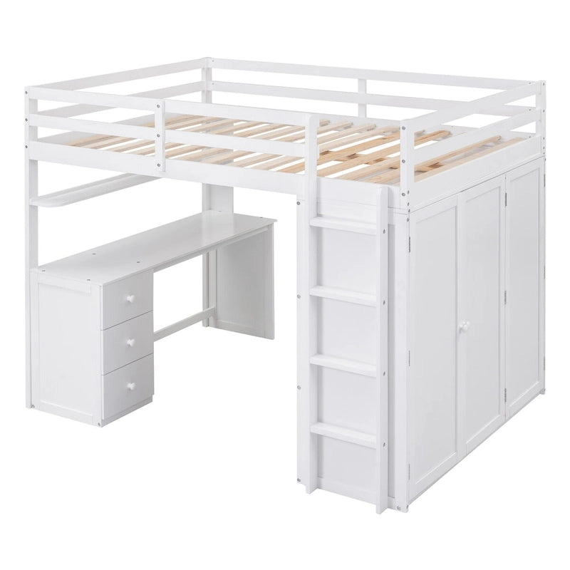 Multifunktionales Kiefernholz-Hochbett mit Schreibtisch, Kleiderschrank, Schubladen und Regalen