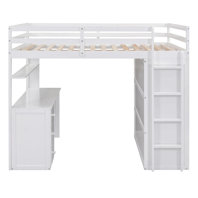 Multifunktionales Kiefernholz-Hochbett mit Schreibtisch, Kleiderschrank, Schubladen und Regalen