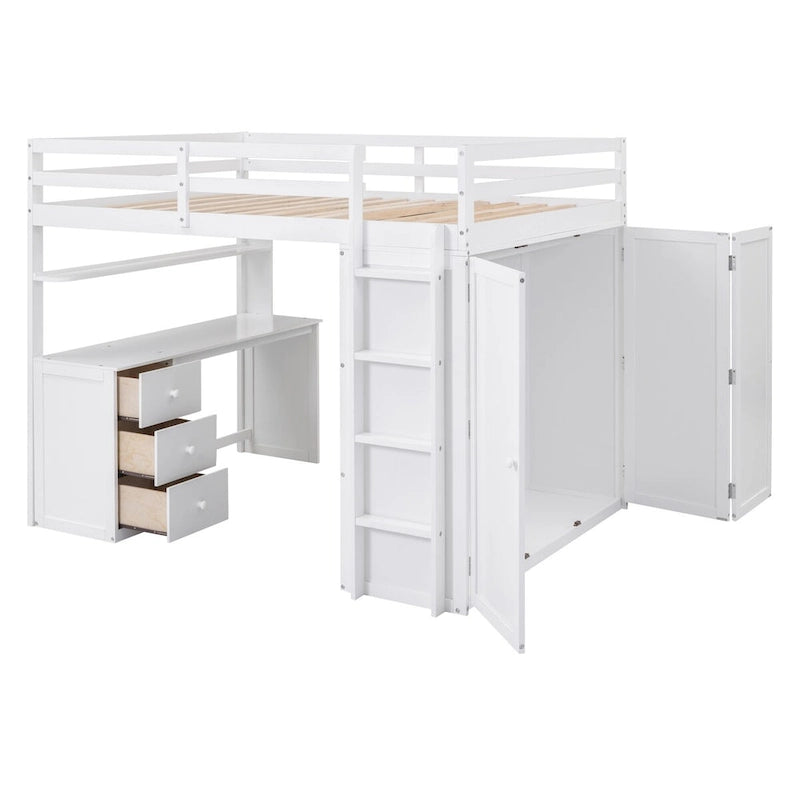 Multifunktionales Kiefernholz-Hochbett mit Schreibtisch, Kleiderschrank, Schubladen und Regalen