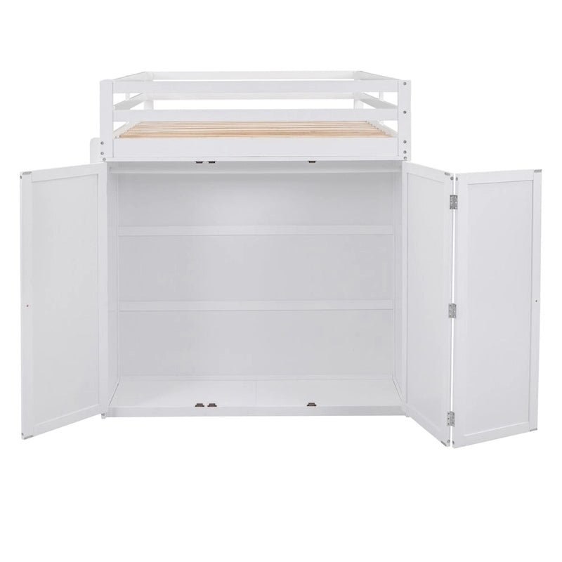 Multifunktionales Kiefernholz-Hochbett mit Schreibtisch, Kleiderschrank, Schubladen und Regalen