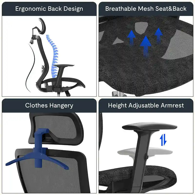 Ergonomischer Bürostuhl mit 360°-Drehfunktion, höhenverstellbarem Netzbezug, verstellbarer Kopfstütze, Lendenstütze und Armlehnen