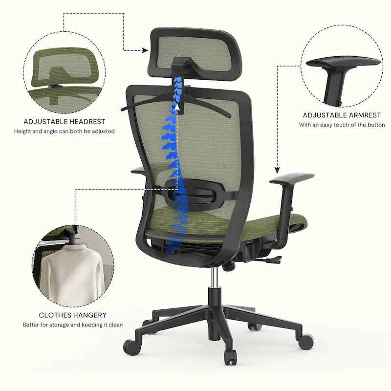 Ergonomischer Bürostuhl mit 360°-Drehfunktion, höhenverstellbarem Netzbezug, verstellbarer Kopfstütze, Lendenstütze und Armlehnen