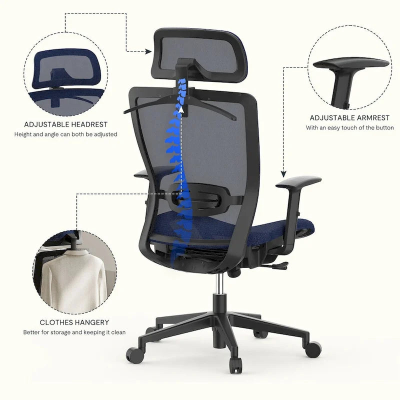 Ergonomischer Bürostuhl mit 360°-Drehfunktion, höhenverstellbarem Netzbezug, verstellbarer Kopfstütze, Lendenstütze und Armlehnen