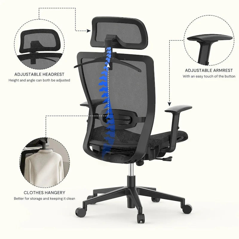 Ergonomischer Bürostuhl mit 360°-Drehfunktion, höhenverstellbarem Netzbezug, verstellbarer Kopfstütze, Lendenstütze und Armlehnen