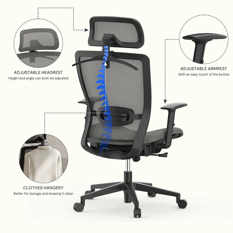 Ergonomischer Bürostuhl mit 360°-Drehfunktion, höhenverstellbarem Netzbezug, verstellbarer Kopfstütze, Lendenstütze und Armlehnen
