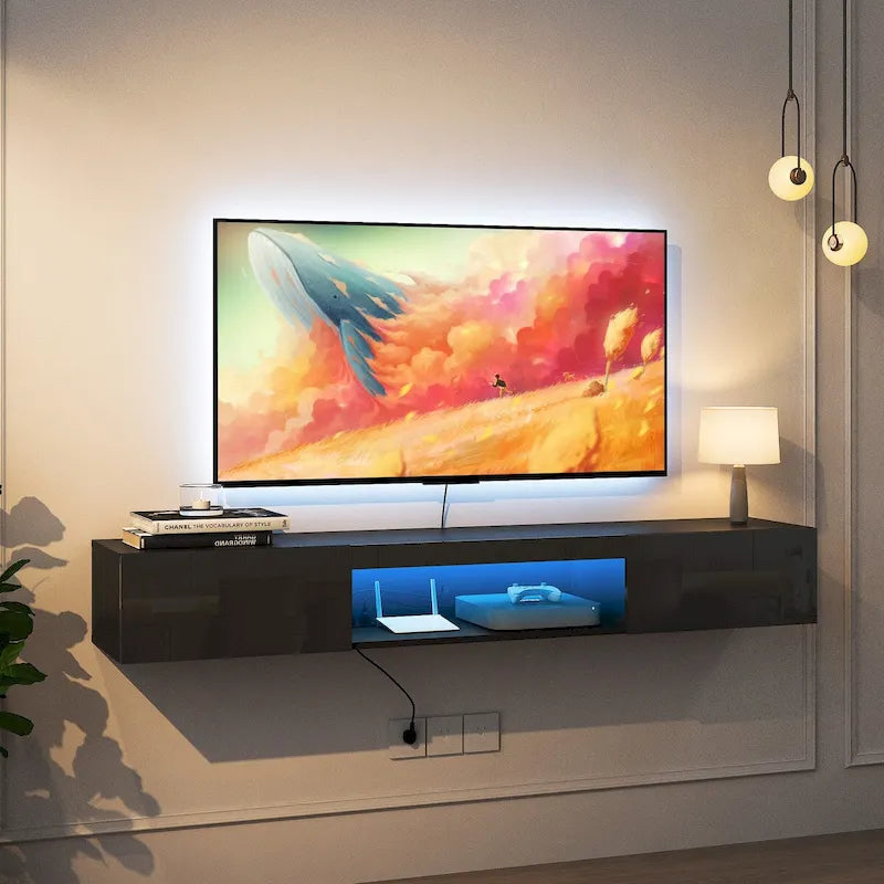Schwebendes, wandmontiertes TV-Möbel mit 20-farbiger LED-Beleuchtung für 55 60 65 Zoll Fernseher