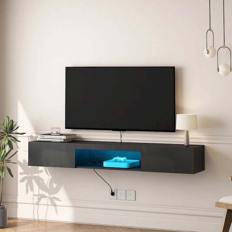 Schwebendes, wandmontiertes TV-Möbel mit 20-farbiger LED-Beleuchtung für 55 60 65 Zoll Fernseher