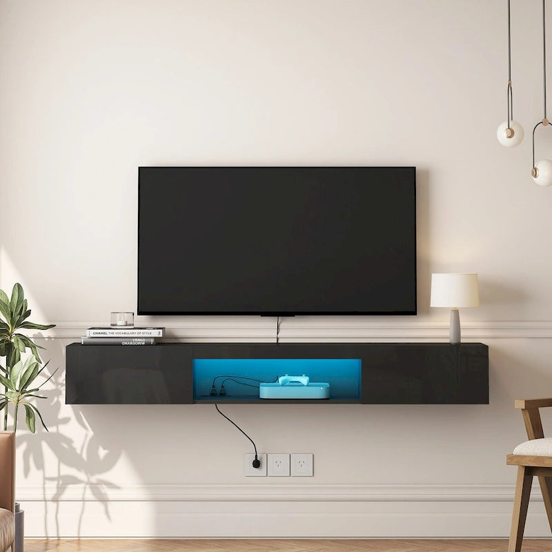 Schwebendes, wandmontiertes TV-Möbel mit 20-farbiger LED-Beleuchtung für 55 60 65 Zoll Fernseher