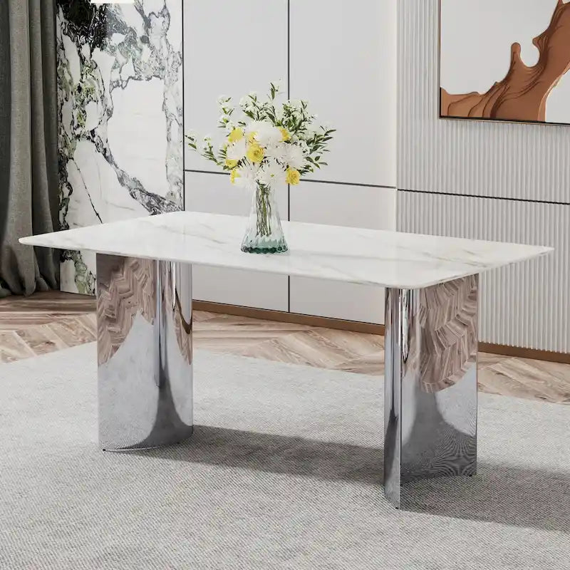 Modern minimalist dining table. White imitation marble glass sticker desktop