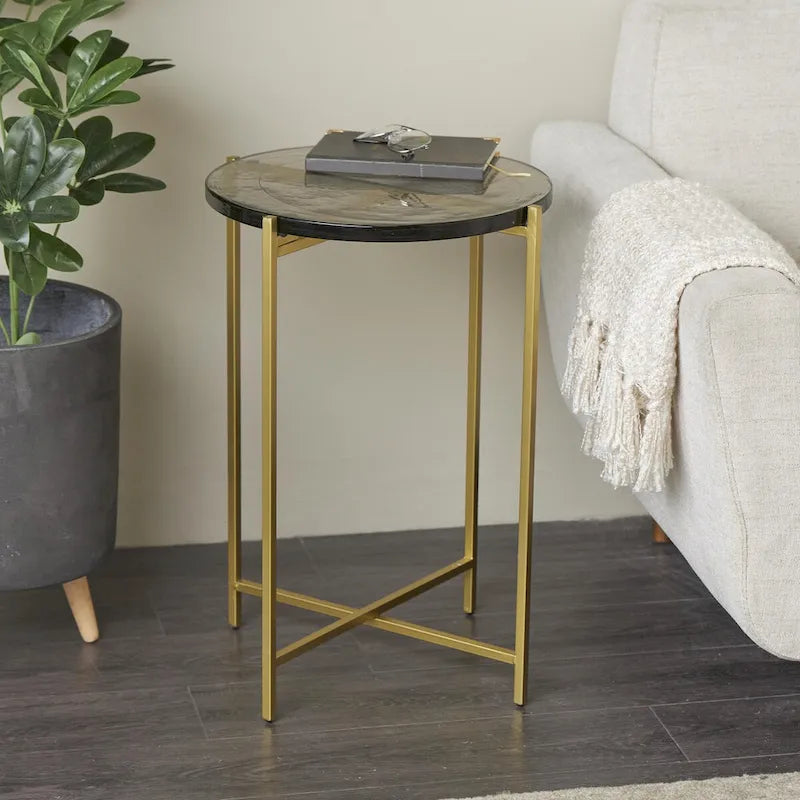 Table d’appoint à structure en X métallique / table d’appoint décorative (avec plateau en verre texturé) — doré ou noir