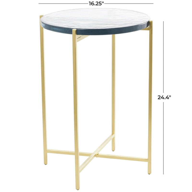 Table d’appoint à structure en X métallique / table d’appoint décorative (avec plateau en verre texturé) — doré ou noir
