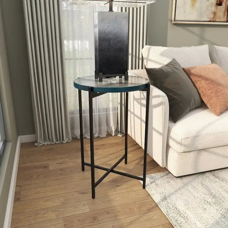 Table d’appoint à structure en X métallique / table d’appoint décorative (avec plateau en verre texturé) — doré ou noir