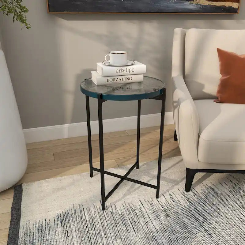 Table d’appoint à structure en X métallique / table d’appoint décorative (avec plateau en verre texturé) — doré ou noir
