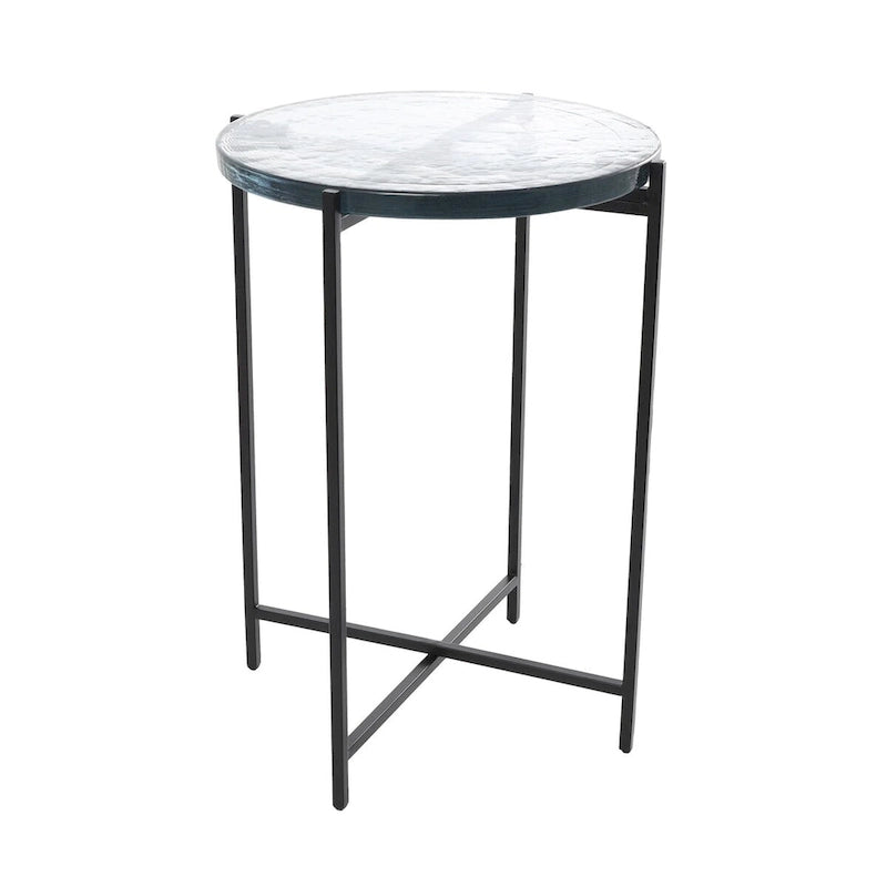 Table d’appoint à structure en X métallique / table d’appoint décorative (avec plateau en verre texturé) — doré ou noir